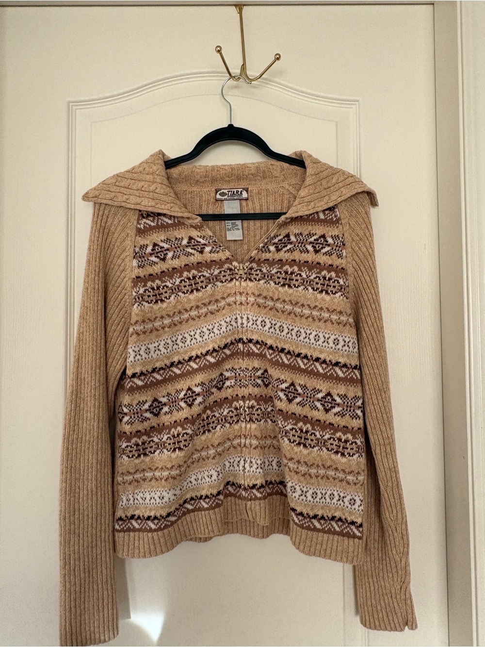 Tiare Fair Isle Zip-Front Sweater in Tan and Cream